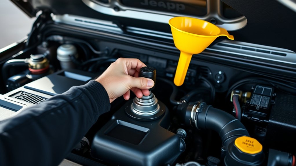 carefully add engine oil